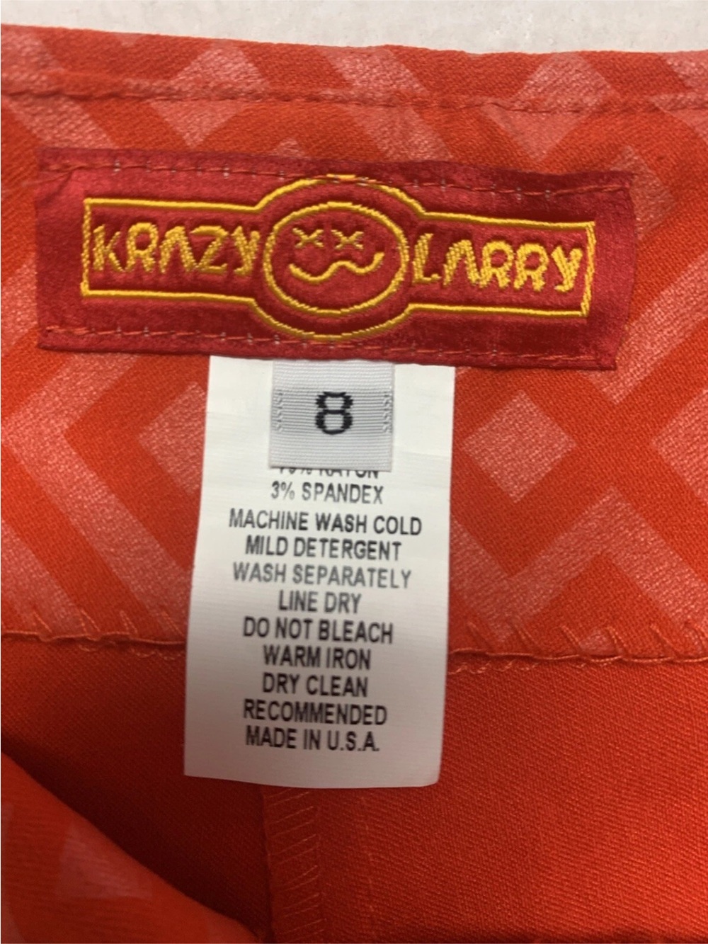 Krazy Larry size 8 orange red geometric print pull on pants- stretch - Picture 2 of 7